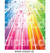 Vector Clipart of a Rainbow Background with Streamers, Circles, Stars and Music Notes by TA Images