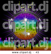 Vector Clipart of a Rainbow Disco Ball Globe with Headphones with Music Notes, a Burst and a Equalizer Bars, on Black by Elaineitalia