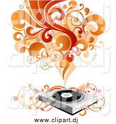 Vector Clipart of a Record Album Player with Vines, Red and Orange Waves of Sound and Circles by OnFocusMedia