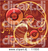 Vector Clipart of a Red and Orange Grunge Music Background with Speakers, Waves and Music Notes by L2studio