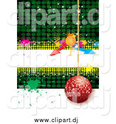 October 11th, 2014: Vector Clipart of a Red Disco Ornament Ball Hanging over Green and White with a White Text Bar, Arrows and Splatters by MilsiArt