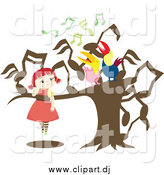 Vector Clipart of a Red Haired Girl Watching Two Singing Birds in a Music Note Tree by Cherie Reve
