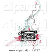 Vector Clipart of a Retro Cassette Tape Player over Abstract Designs by BNP Design Studio