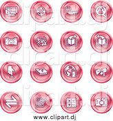 Vector Clipart of a Round Pink Computer, Viewfinder, Wireless, Questions and Answer, Castle, Music, Forward, Back, Www, Mail, Math and Camera by AtStockIllustration