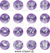 July 21st, 2015: Vector Clipart of a Round Purple Icons of Music Notes, Guitar, Clapperboard, Atom, Microscope, Atoms, Messenger, Painting, Book, Circus Tent, Globe, Masks, Sports Balls, and Math by AtStockIllustration