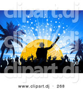 Vector Clipart of a Silhouetted Crowd on Dance Floor Below Male Dj Mixing Music by Elaineitalia