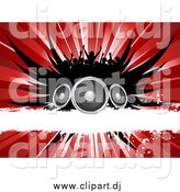 Vector Clipart of a Silhouetted Crowd over Black Wings, Speakers, a White Grunge Bar and a Red Burst by KJ Pargeter