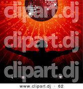 Vector Clipart of a Silhouetted Disk Jockey Standing Below a Disco Ball with Arms out over Red Background by Elaineitalia