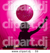 Vector Clipart of a Silhouetted Dj Girl Mixing Records Under a Pink Disco Ball by Elaineitalia