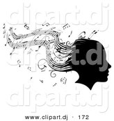 Vector Clipart of a Silhouetted Girl's Head with Music Sheet Signs Forming Her Hair by AtStockIllustration