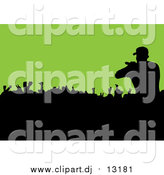 Vector Clipart of a Silhouetted Male Singer over a Crowd on Green by Michaeltravers