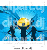 Vector Clipart of a Silhouetted Man and Ladies Dancing on a Blue Grunge Background with Speakers and a Winged Yellow Disco Ball by Elaineitalia