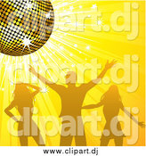 July 18th, 2015: Vector Clipart of a Silhouetted Man and Two Women Dancing Under a Gold Disco Ball on a Sparkling Yellow Background by Elaineitalia