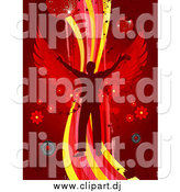 Vector Clipart of a Silhouetted Man with Wings, Dancing on a Wave over a Red Background with Splatters, Speakers, Flowers and Disco Balls by Elaineitalia