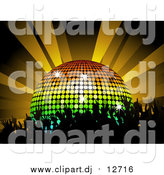 Vector Clipart of a Silhouetted Party Crowd Dancing by a Rainbow Disco Ball Under Orange Lights by Elaineitalia