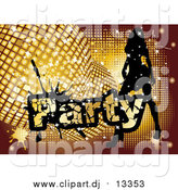 Vector Clipart of a Silhouetted Woman Dancing by Golden Disco Balls and Party Text by MilsiArt