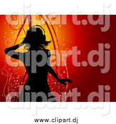 October 4th, 2014: Vector Clipart of a Silhouetted Woman Wearing Headphones and Dancing over a Red Background with Sparkles and Ribbons by KJ Pargeter