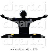 Vector Clipart of a Silhouetted Young Man Holding His Arm out Above Dual Record Mixer by Elaineitalia