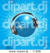 December 16th, 2015: Vector Clipart of a Sparkling 3d Blue Disco Ball Wearing Headphones, over a Sparkling Blue Grunge Background by Elaineitalia