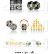 Vector Clipart of a Speaker, Vinyl Record Discs, Headphones, Volume Equalizer, Music Notes and Cable Icons with Shadows by Elaineitalia