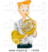 Vector Clipart of a Teen Cartoon Boy Playing Gold French Horn Instrument by BNP Design Studio