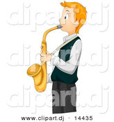 Vector Clipart of a Teen Cartoon Boy Playing Gold Saxophone by BNP Design Studio