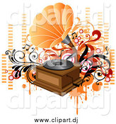 Vector Clipart of a Vintage Phonograph Playing Music, with Orange and Red Vines, Circles and Equalizer Bars by OnFocusMedia