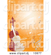 Vector Clipart of a Violin and Viola or Cello Standing Upright on an Orange Grunge Background by Eugene