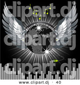 Vector Clipart of a World Map on Winged Silver Disco Ball Above Equalizer Bars on Black Background by Elaineitalia