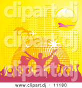 Vector Clipart of a Yellow Disco Ball Planet with Palm Trees, Butterflies, a Plane, and Equalizer Bars Under a Yellow Sun by Elaineitalia