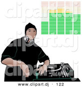 Vector Clipart of a Young DJ Geared up to Party with Single Record Turntable and Adjustable Audio Controls by Dero