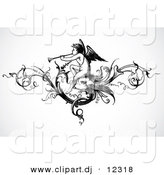 Vector Clipart of an Angel Playing a Trumpet Within a Vine Header Design - Black and White Vintage Art by BestVector