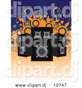 September 12nd, 2015: Vector Clipart of Black and Chrome Music Speakers Facing Different Directions over a Blue Background with Orange Vines and Circles by Paulo Resende