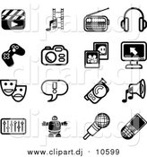 Vector Clipart of Black and White Clapboard, Film Strip, Radio, Headphones, Controller, Camera, Pictures, Computer, Masks, Exclamation Point, Video Camera, Speaker, Equalizer, Robot, Microphone and Cell Phone Icons on a White Background by AtStockIllustration