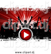 Vector Clipart of Black Silhouetted Party People over a Bursting Red Background with White Grunge and a Red Play Button by KJ Pargeter