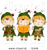 Vector Clipart of Cartoon Kids Singing Christmas Music While Dressed like Elves by BNP Design Studio