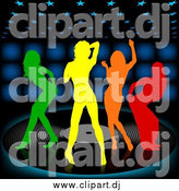 Vector Clipart of Colorful Silhouetted Women Dancing on a Vinyl Record over a Black Background with Blue Lights by Dero