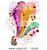Vector Clipart of Colorful Waves of Music Notes Flowing out from an Old Gramophone by BNP Design Studio