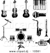 Vector Clipart of Musical Instruments and Items Including an Electric Guitar, Violin, Acoustic Guitar, Piano or Keyboard, Microphone, Saxophone, Clarinet, Drum Set and Trumpet by AtStockIllustration