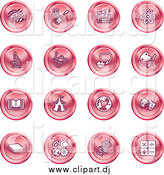 Vector Clipart of Round Pink Icons of Music Notes, Guitar, Clapperboard, Atom, Microscope, Atoms, Messenger, Painting, Book, Circus Tent, Globe, Masks, Sports Balls, and Math by AtStockIllustration