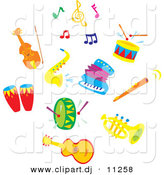 Vector Clipart of Sax, Accordion, Colorful Music Notes, a Cello or Violin, Drums, Flute, Tuba and Guitar - Cartoon Digital Collage Set by Alex Bannykh