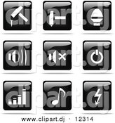 Vector Clipart of Shiny Black and White Square Hammer, Sound, Power, Graph, Music and Arrow Website Button Icons by