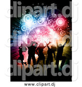 January 21st, 2015: Vector Clipart of Silhouetted Fun People Dancing over a Disco Burst with Circles and Stars by KJ Pargeter