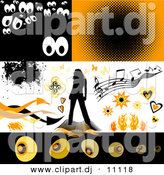 Vector Clipart of Spooky Eyes, Music Notes, Butterflies, Bursts, Hearts, Flames, a Woman and Arrows - Digital Collage with Design Elements, Backgrounds, and Borders by KJ Pargeter
