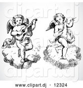 Vector Clipart of Two Angels, One Playing Music, While Floating on Clouds - Black and White by BestVector