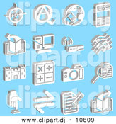 Vector Clipart of Viewfinder, Questions and Answers, Home and Globe, News, Book, Computer, Wireless Router, Music Notes, Castle, Math Symbols, Camera, Magnifying Glass, Button and Letter, over a Blue Background by AtStockIllustration