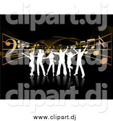 Vector Clipart of White Silhouetted Dancers over Music Notes and Waves on Black by KJ Pargeter