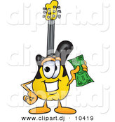 Vector of a Cartoon Guitar Holding a Dollar Bill by Mascot Junction