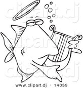 Vector of Cartoon Angelfish Playing a Lyre - Coloring Page Outline by Toonaday