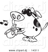 Vector of Cartoon Dog Playing a Saxophone - Coloring Page Outline by Toonaday